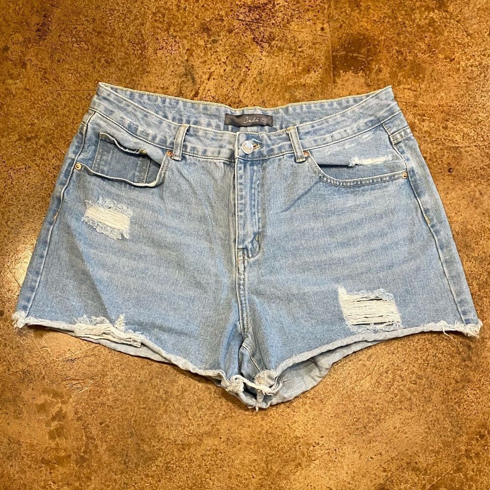 CALI 1850 light wash distressed high waist denim cut off shorty shorts